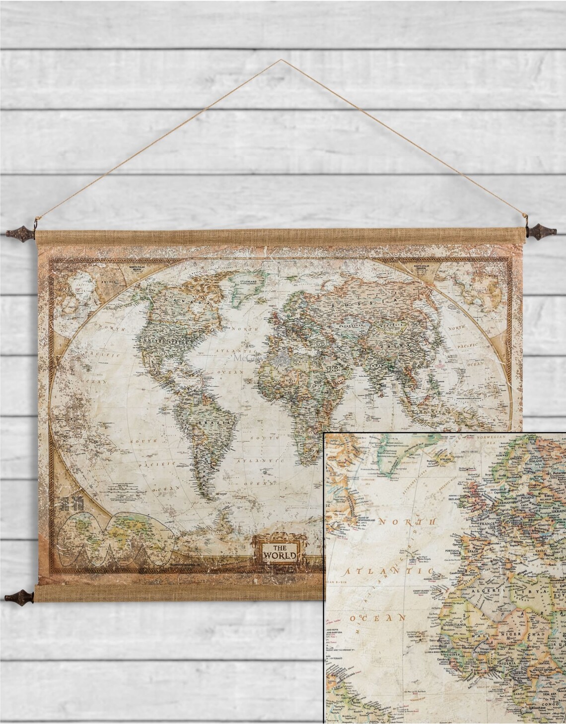 Large Antiqued Wall Hanging Canvas World Map Vintage Charm